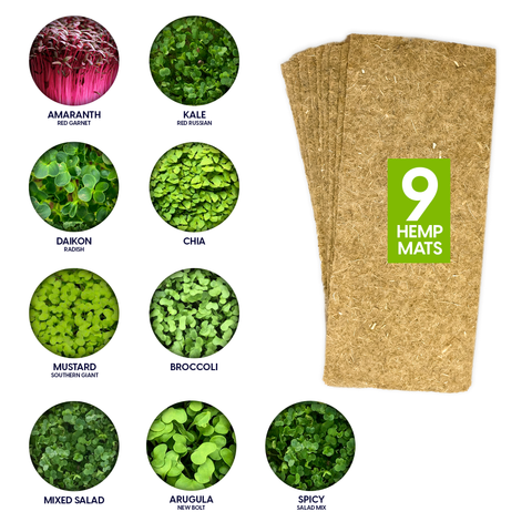 Microgreens kit refill pack with hemp mats and seed packets.