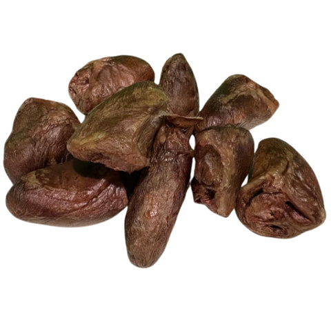 Bag of single-ingredient freeze-dried duck heart treats, 3 ounce size.