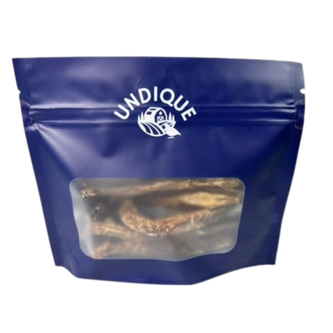 Bag of dehydrated quail spine crunch stick dog treats, 10 count.