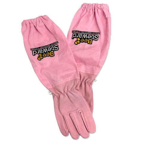 Pair of pink children's goatskin beekeeping gloves for young beekeepers.