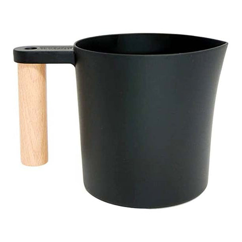 Beeswax melting pot with wooden handle and narrow pouring spout.