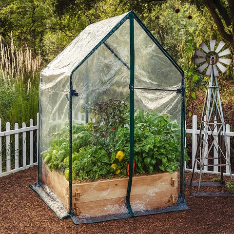 Cedar raised garden bed with greenhouse cover