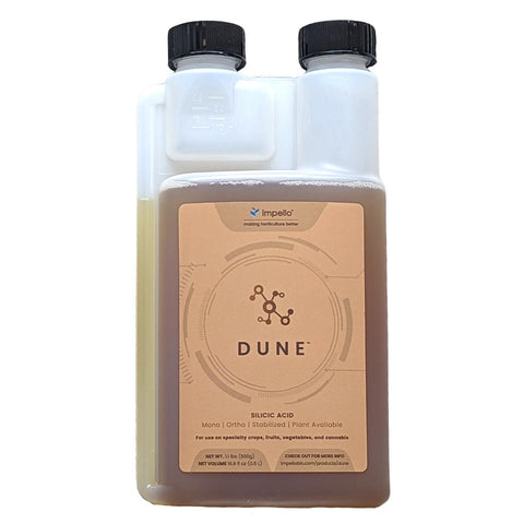 Impello Dune stabilized monosilicic acid silica supplement bottle, front label.