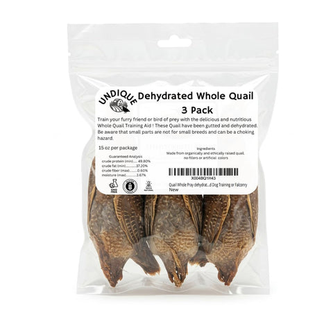 Dehydrated whole quail prey, packaging