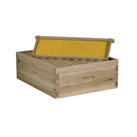 10-frame medium honey super box, dovetail joints, unassembled, front
