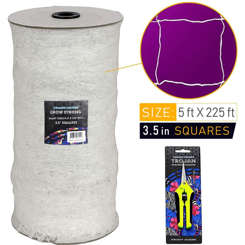 Load image into Gallery viewer, Common Culture Soft Mesh Nylon Trellis Netting Bulk Roll 5 ft x 225 ft w/ 3.5 in Squares + Trojan 2 Inch Straight Scissors
