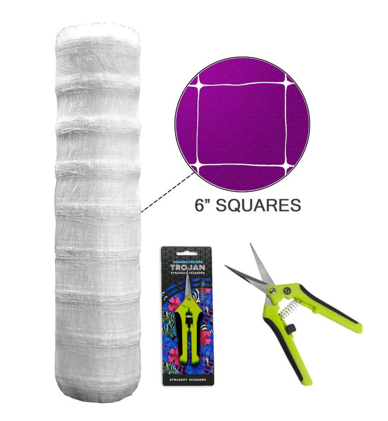 Load image into Gallery viewer, Common Culture Plastic Trellis Netting Bulk Roll 5 ft x 4,920 ft w/ 6 in Squares + Trojan 2 Inch Straight Scissors
