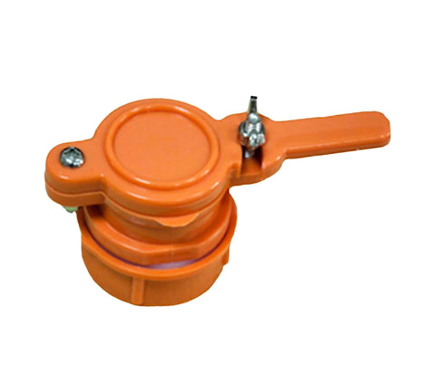 Plastic honey gate with short shank fitting for bucket bottling, angled view.
