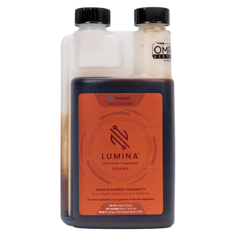 Impello Lumina organic amino acid biofertilizer bottle, front label.