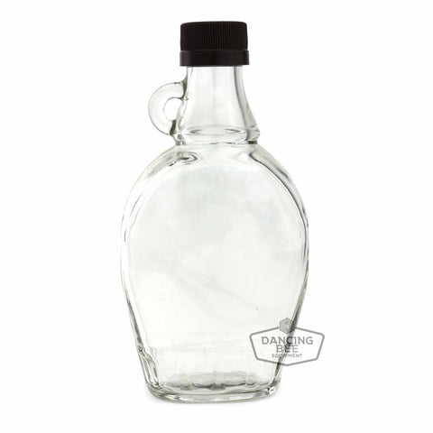 Traditional glass maple syrup bottle, 250 ml, with finger hook and cap.