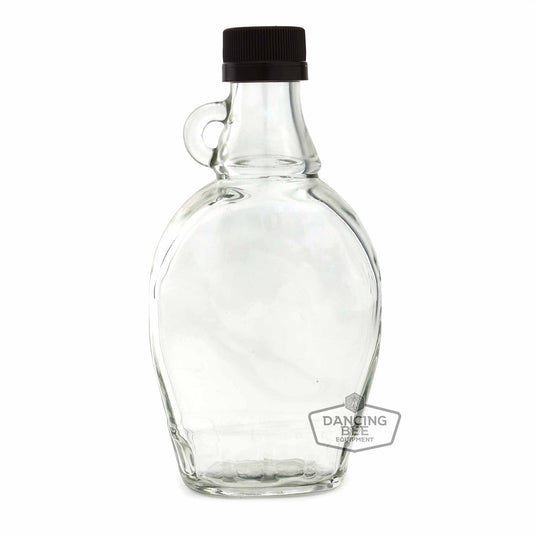 Traditional glass maple syrup bottle, 250 ml, with finger hook and cap.