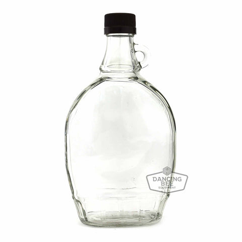 Traditional glass maple syrup bottle, 500 ml, with finger hook and cap.