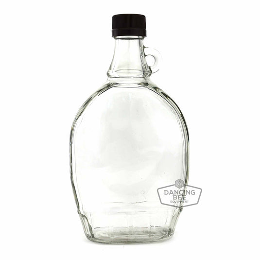Traditional glass maple syrup bottle, 500 ml, with finger hook and cap.