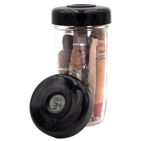 Humidor and hygrometer lid with temperature gauge