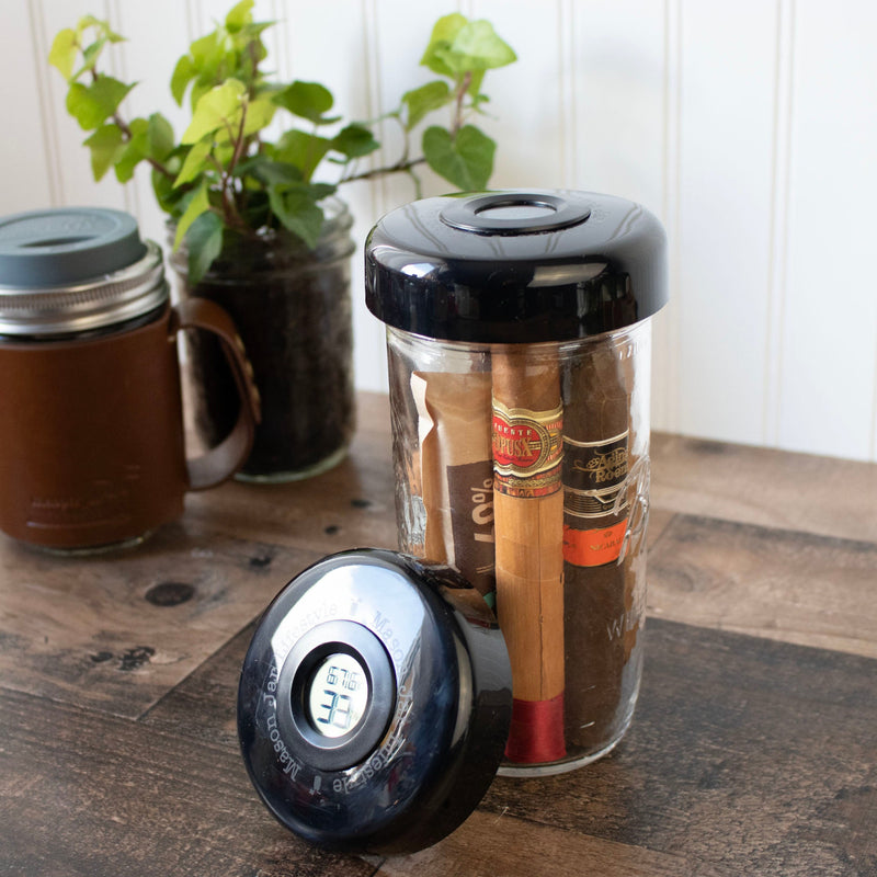 Load image into Gallery viewer, Humidor / Hygrometer Lid with Temperature for Wide Mouth Mason Jars - Store Cigars, Spices, or Herbs
