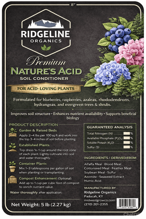 Ridgeline Organics Nature's Acid — Soil Conditioner 5lb, label and product information
