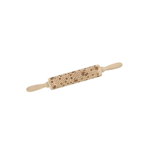 Wooden rolling pin with embossed bee design pattern for baking.