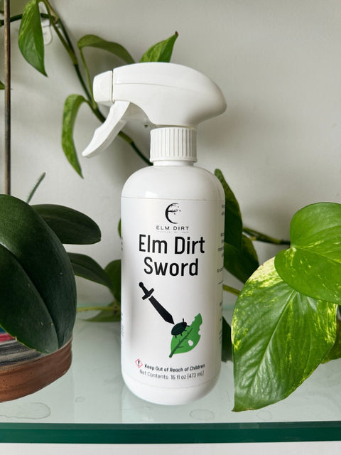 Elm Dirt Sword natural pesticide bottle, front label