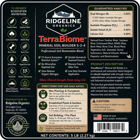 Ridgeline Organics Terra Biome™ Mineral Soil Builder 5-2-4 5lb bag, label and product information