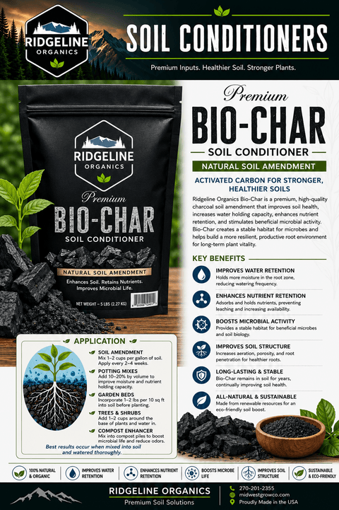 Bag of Ridgeline Organics biochar carbon soil amendment, 5 pounds.