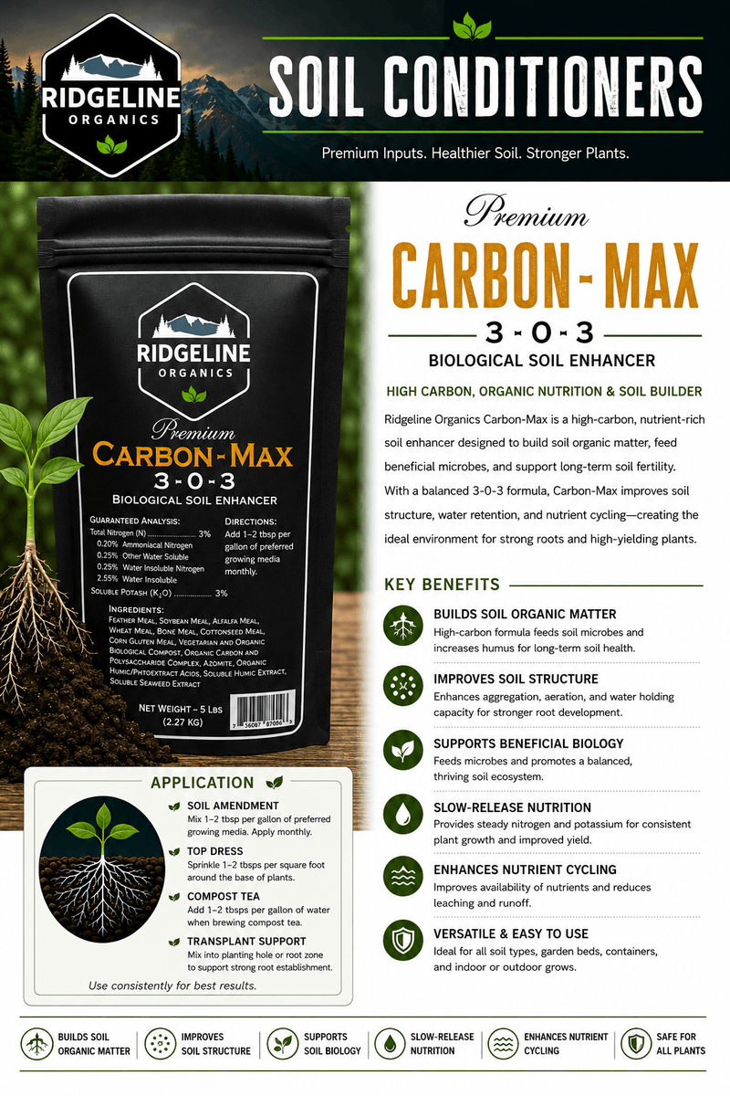 Load image into Gallery viewer, Bag of Ridgeline Organics Carbon-Max 3-0-3 dry soil amendment.
