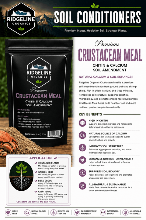 Bag of Ridgeline Organics dehydrated crab and shrimp crustacean meal.