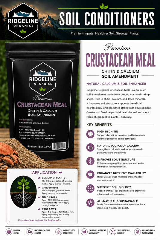Bag of Ridgeline Organics dehydrated crab and shrimp crustacean meal.