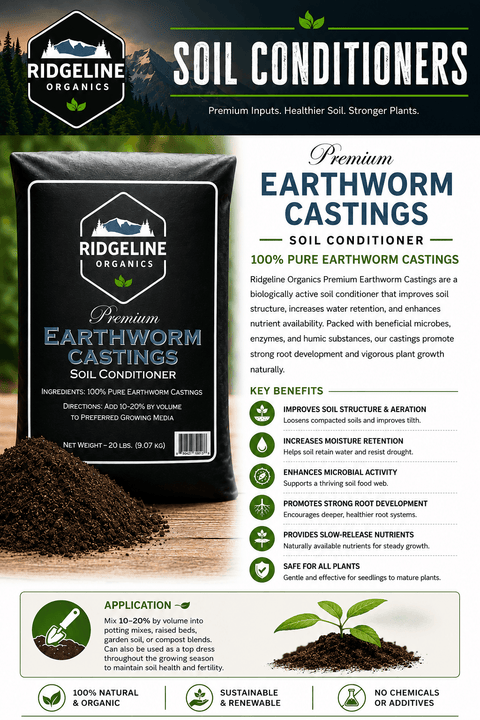 Bag of Ridgeline Organics premium earthworm castings organic soil amendment.