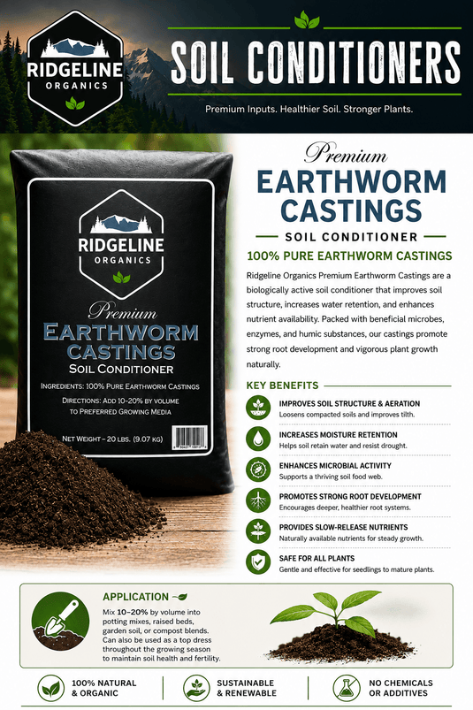 Bag of Ridgeline Organics premium earthworm castings organic soil amendment.