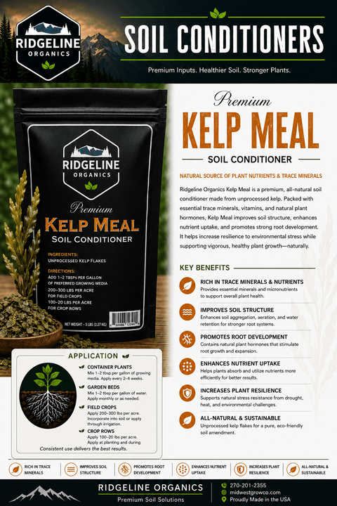 Bag of Ridgeline Organics dried kelp meal soil amendment, granular form.
