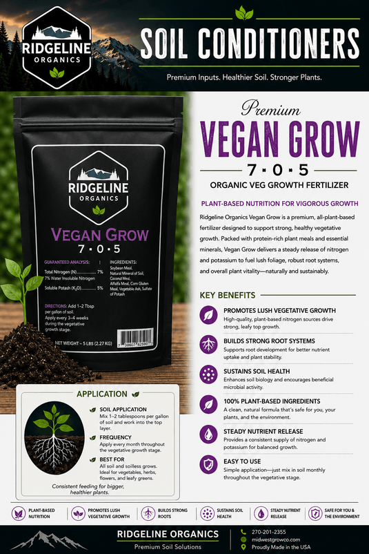 Bag of Ridgeline Vegan Grow granular fertilizer, 7-0-5 formula.